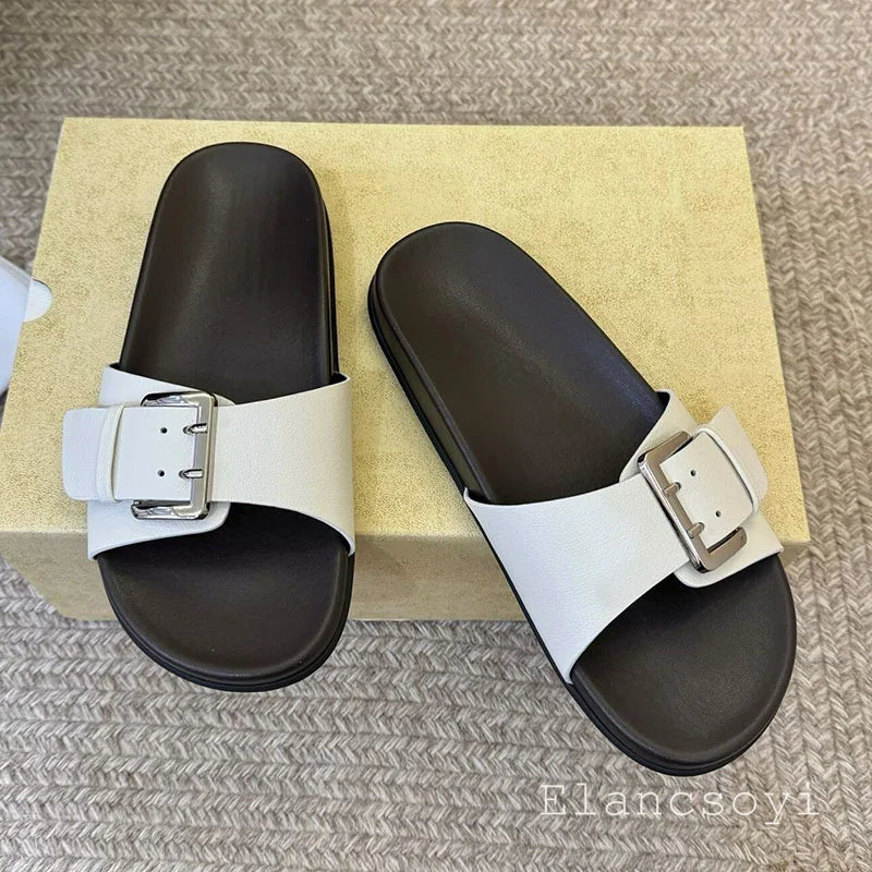 Metal belt buckle flat slippers with exposed toes for casual summer women's leather solid color lightweight comfortable sandals