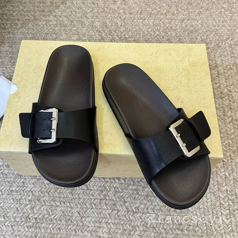 Metal belt buckle flat slippers with exposed toes for casual summer women's leather solid color lightweight comfortable sandals