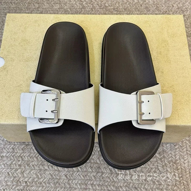 Metal belt buckle flat slippers with exposed toes for casual summer women's leather solid color lightweight comfortable sandals