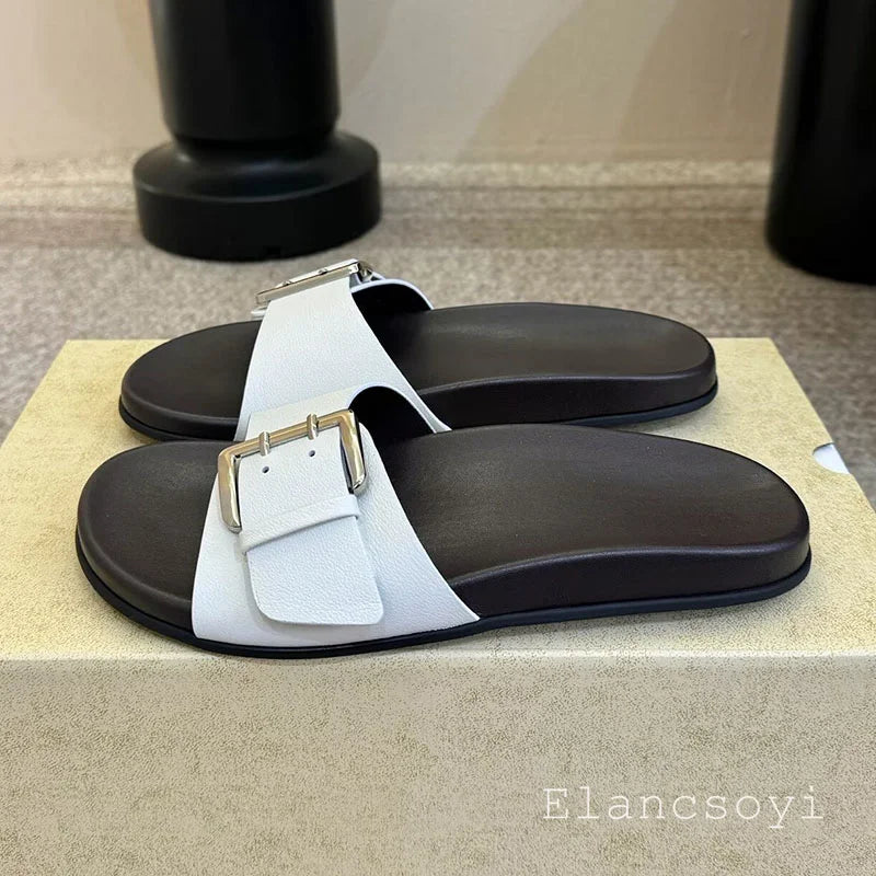 Metal belt buckle flat slippers with exposed toes for casual summer women's leather solid color lightweight comfortable sandals