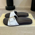 Metal belt buckle flat slippers with exposed toes for casual summer women's leather solid color lightweight comfortable sandals