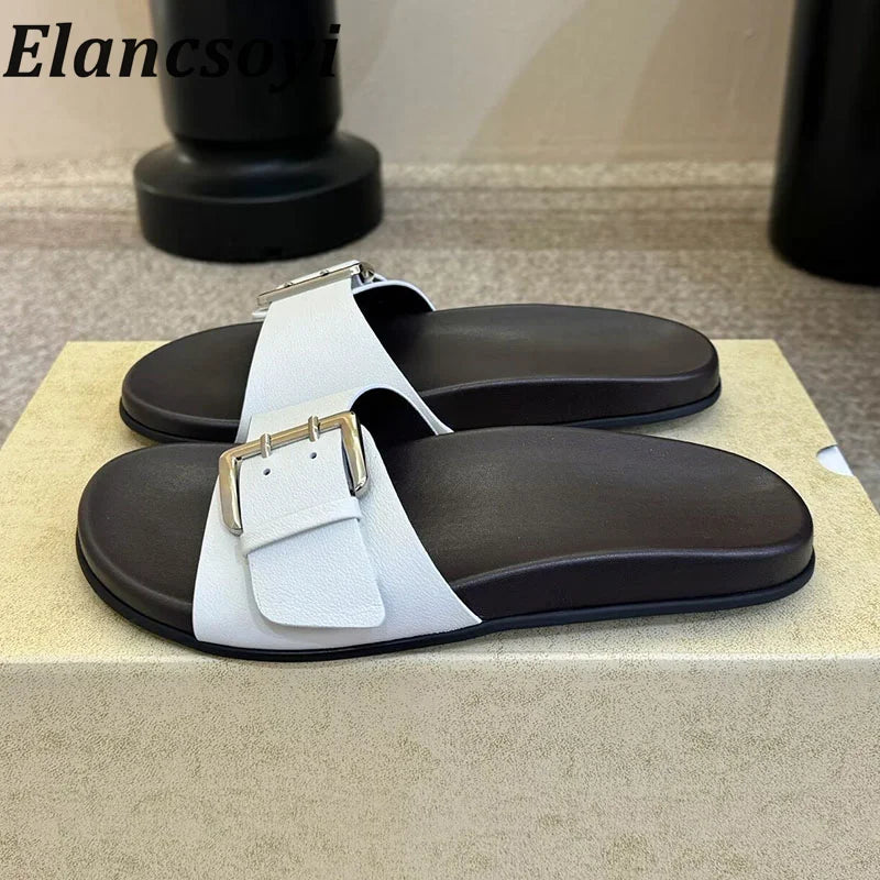 Metal belt buckle flat slippers with exposed toes for casual summer women's leather solid color lightweight comfortable sandals