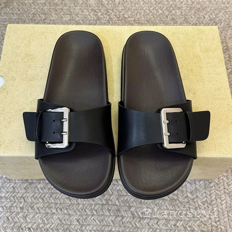 Metal belt buckle flat slippers with exposed toes for casual summer women's leather solid color lightweight comfortable sandals
