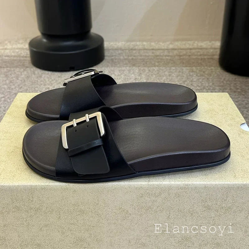 Metal belt buckle flat slippers with exposed toes for casual summer women's leather solid color lightweight comfortable sandals